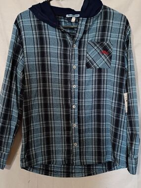 Boys Tommy Bahama Light Blue and Navy Plaid Button-Down Hoodie Shirt 14/16